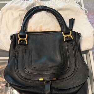 Chloe Marcie Black Leather Shoulder Bag with Gold Accents